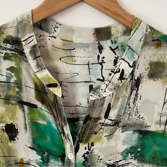 Vintage Silk Blouse Button Down Green White Black - Picture 5 of 7